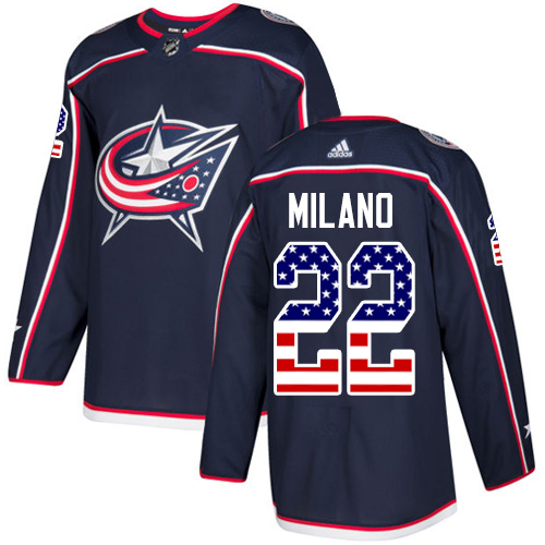 Adidas Blue Jackets #22 Sonny Milano Navy Blue Home Authentic USA Flag Stitched Youth NHL Jersey - Click Image to Close